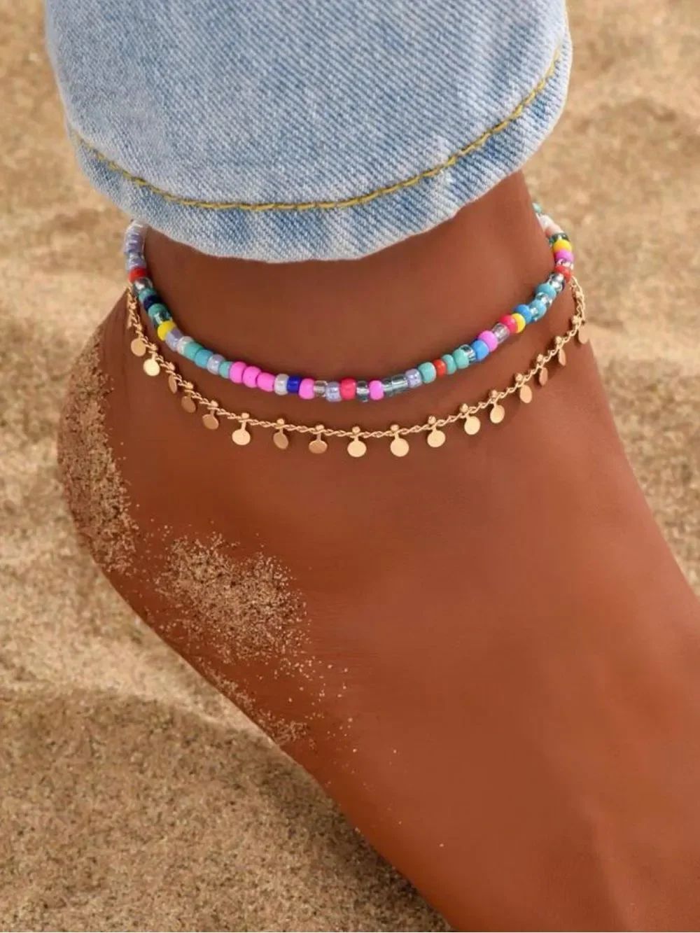 Colorful Beadedβand Gold Disc Double Anklet A2121